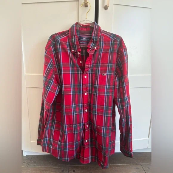 Vineyard Vines Men's Winterberry Red Plaid Shirt Medium Preppy Holiday Cotton